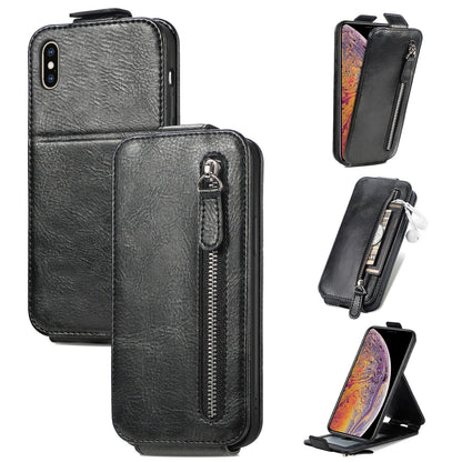 iPhone XS Max Zipper Wallet Case - Vertical Flip Leather Phone Cover with Multiple Card Slots and Stand