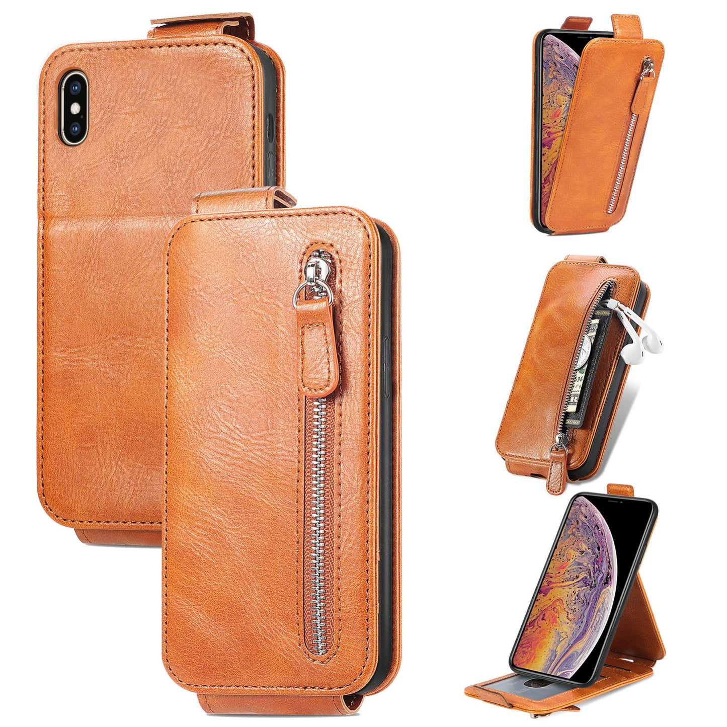 iPhone XS Max Zipper Wallet Case - Vertical Flip Leather Phone Cover with Multiple Card Slots and Stand