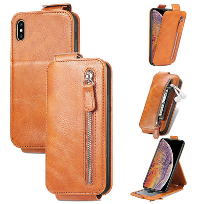 iPhone XS Max Zipper Wallet Case - Vertical Flip Leather Phone Cover with Multiple Card Slots and Stand