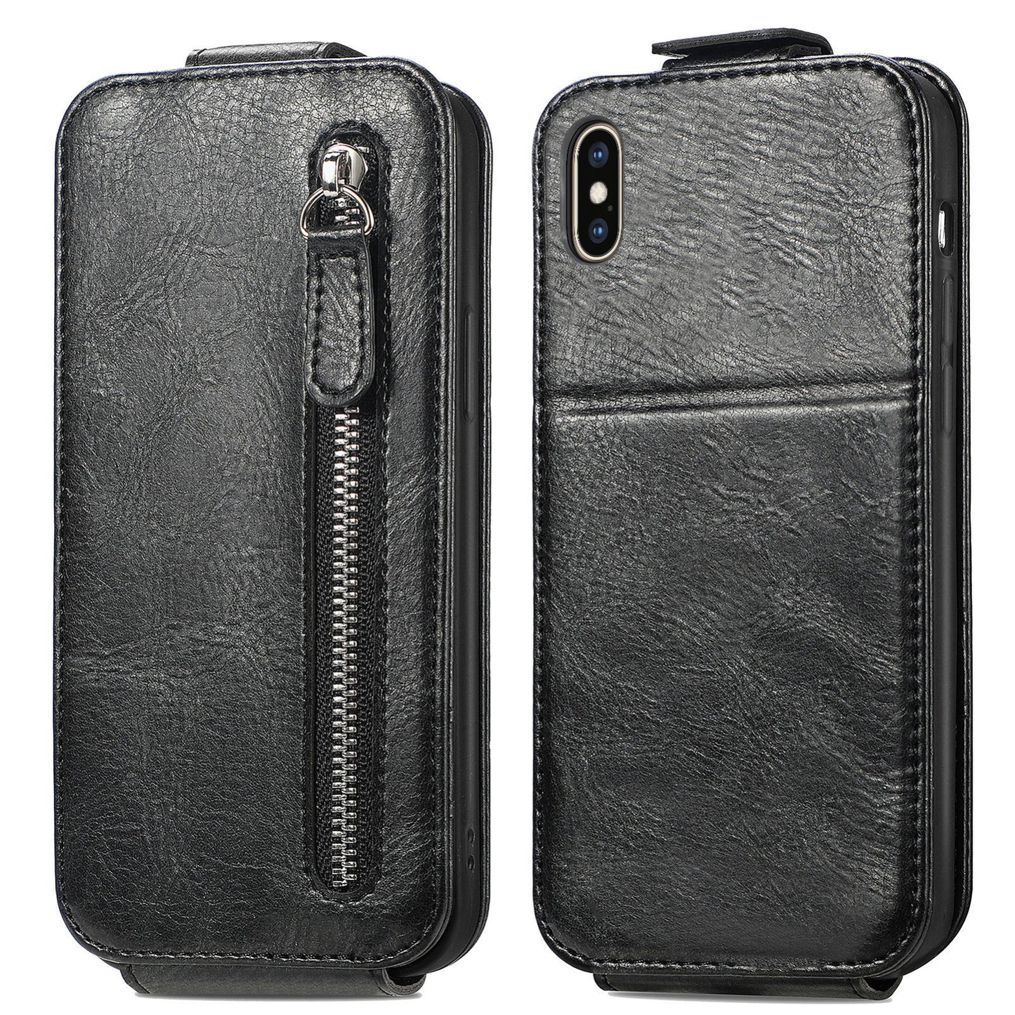 iPhone XS Zipper Wallet Case - Vertical Flip Leather Phone Cover with Multiple Card Slots and Stand