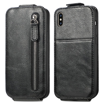 iPhone XS Zipper Wallet Case - Vertical Flip Leather Phone Cover with Multiple Card Slots and Stand