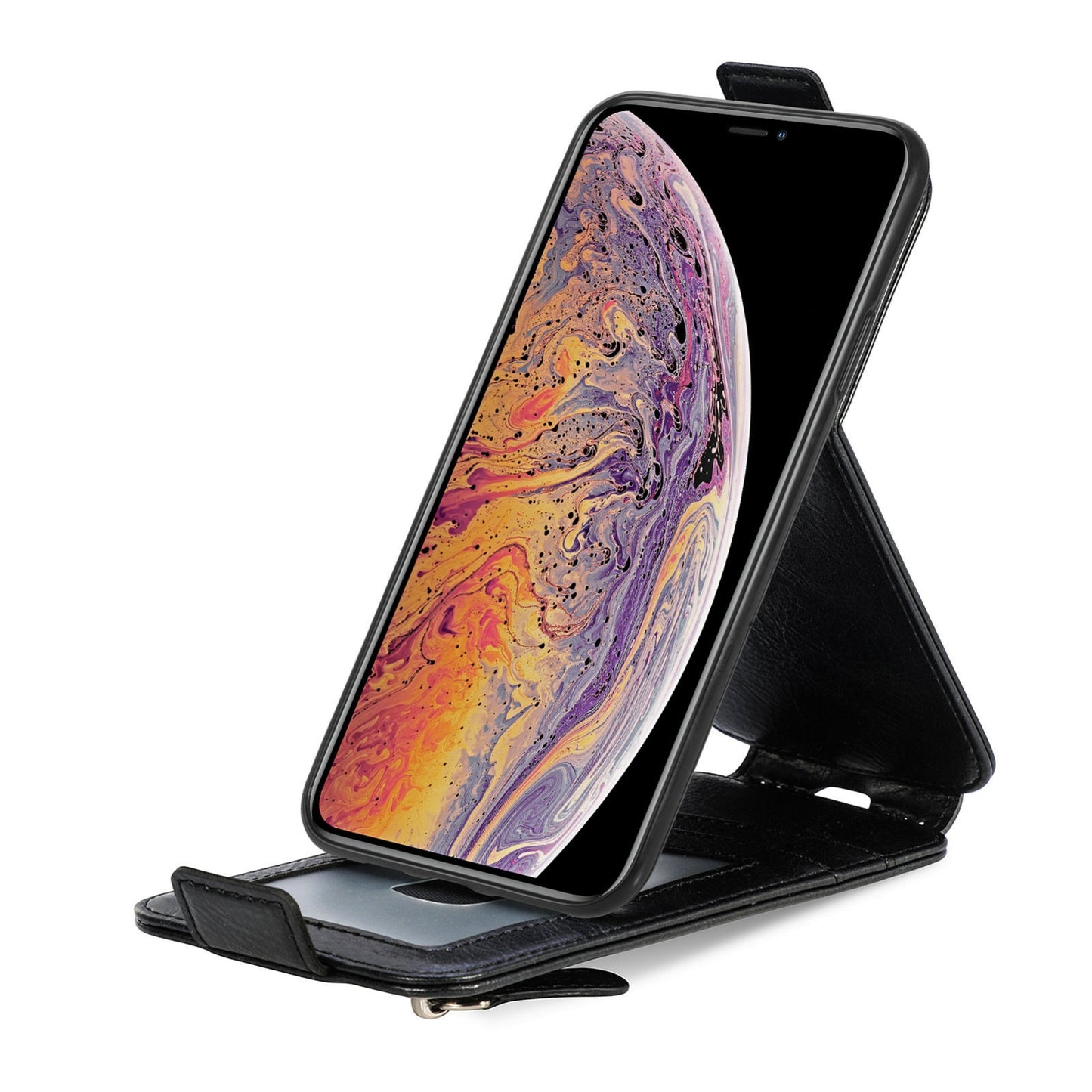 iPhone XS Zipper Wallet Case - Vertical Flip Leather Phone Cover with Multiple Card Slots and Stand
