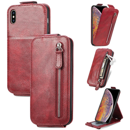 iPhone X Zipper Wallet Case - Vertical Flip Leather Phone Cover with Multiple Card Slots and Stand