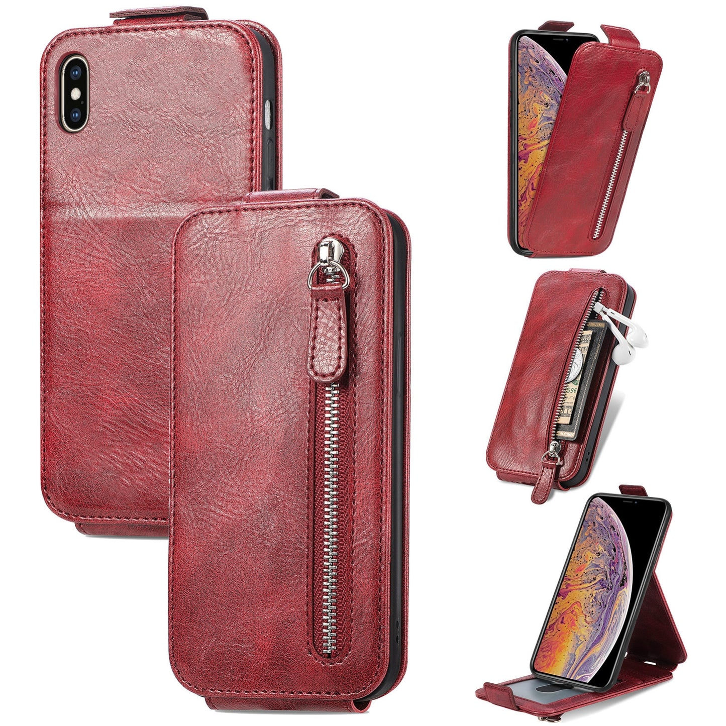 iPhone XS Zipper Wallet Case - Vertical Flip Leather Phone Cover with Multiple Card Slots and Stand