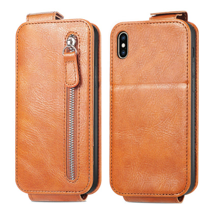 iPhone XS Zipper Wallet Case - Vertical Flip Leather Phone Cover with Multiple Card Slots and Stand