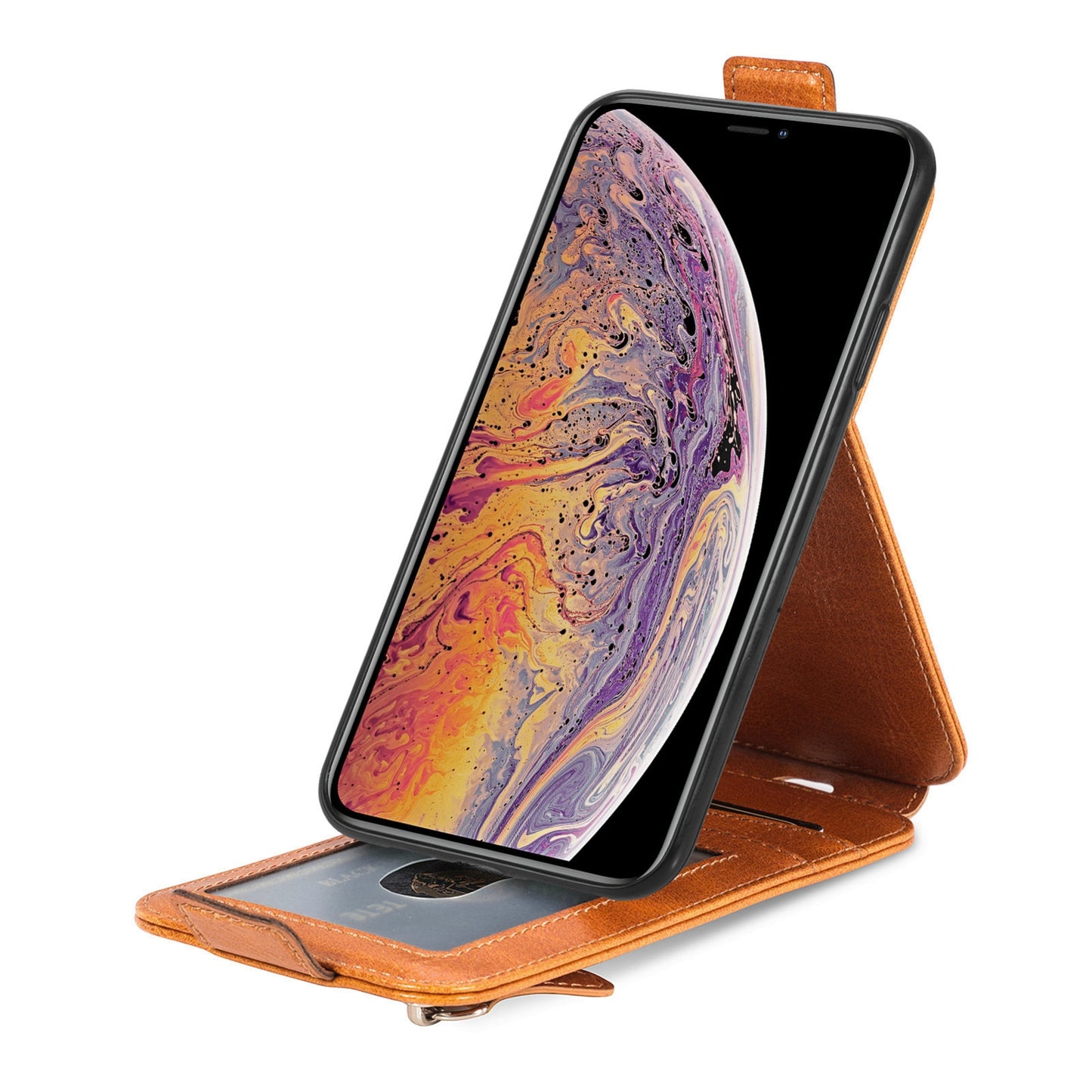 iPhone X Zipper Wallet Case - Vertical Flip Leather Phone Cover with Multiple Card Slots and Stand