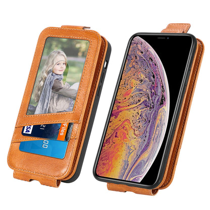 iPhone XS Zipper Wallet Case - Vertical Flip Leather Phone Cover with Multiple Card Slots and Stand