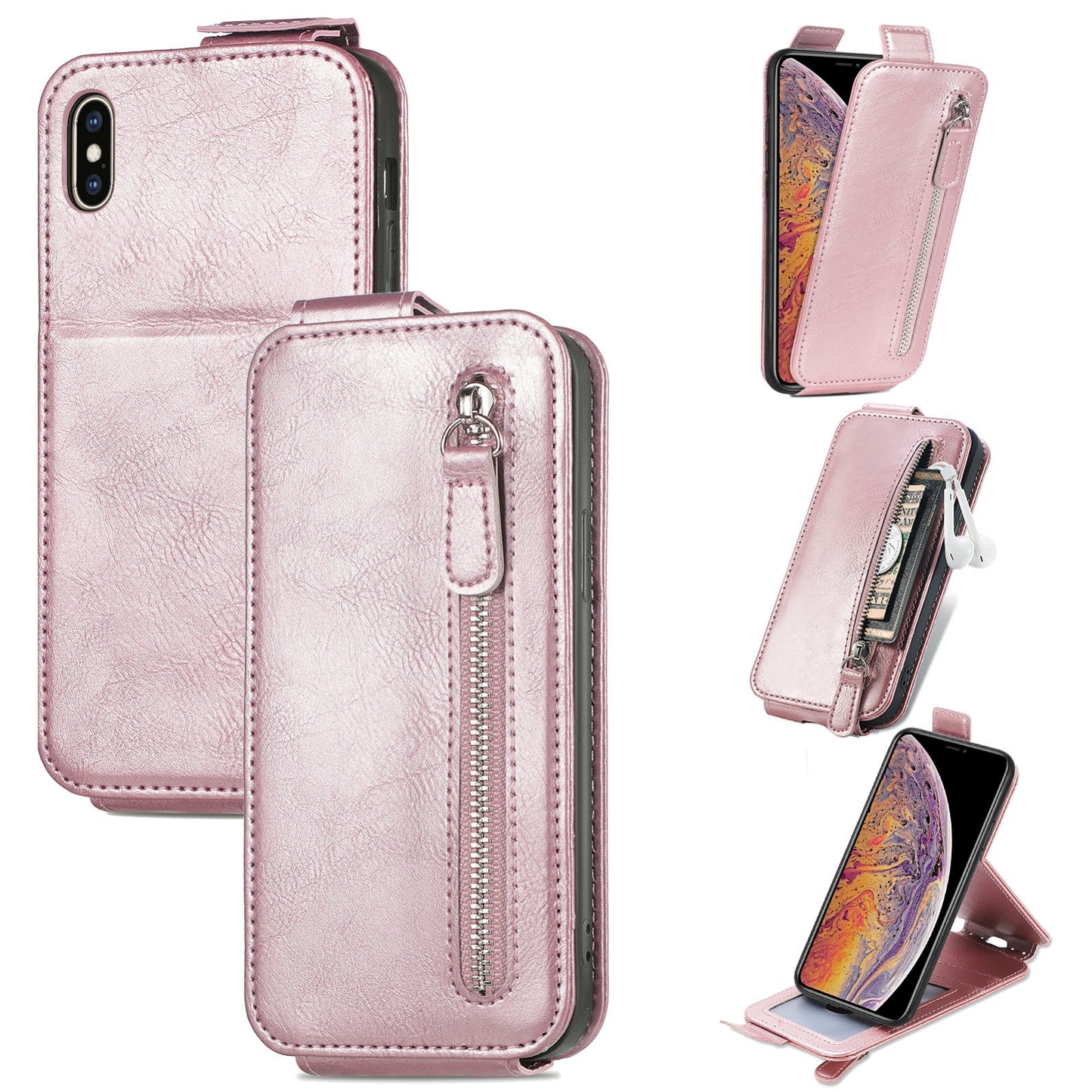 iPhone X Zipper Wallet Case - Vertical Flip Leather Phone Cover with Multiple Card Slots and Stand