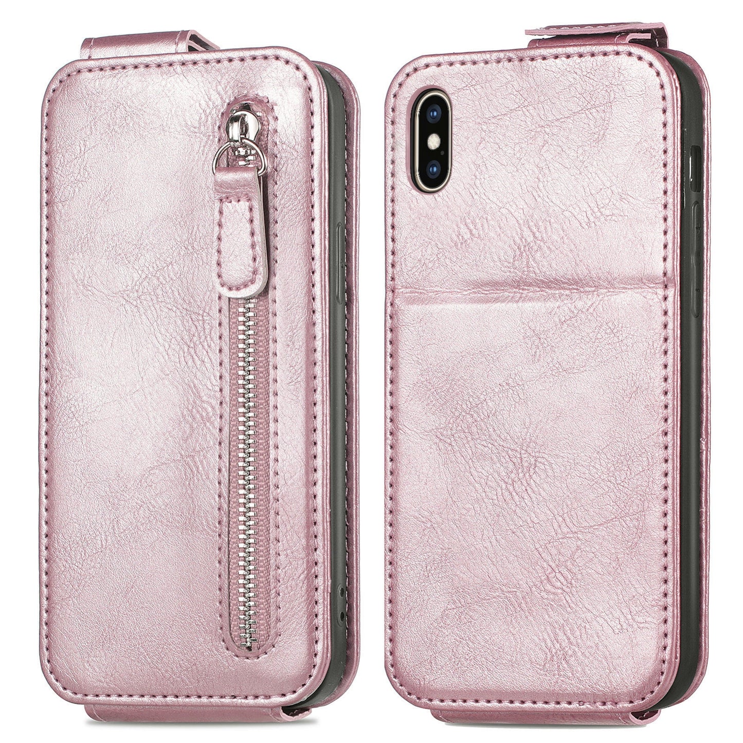 iPhone XS Zipper Wallet Case - Vertical Flip Leather Phone Cover with Multiple Card Slots and Stand