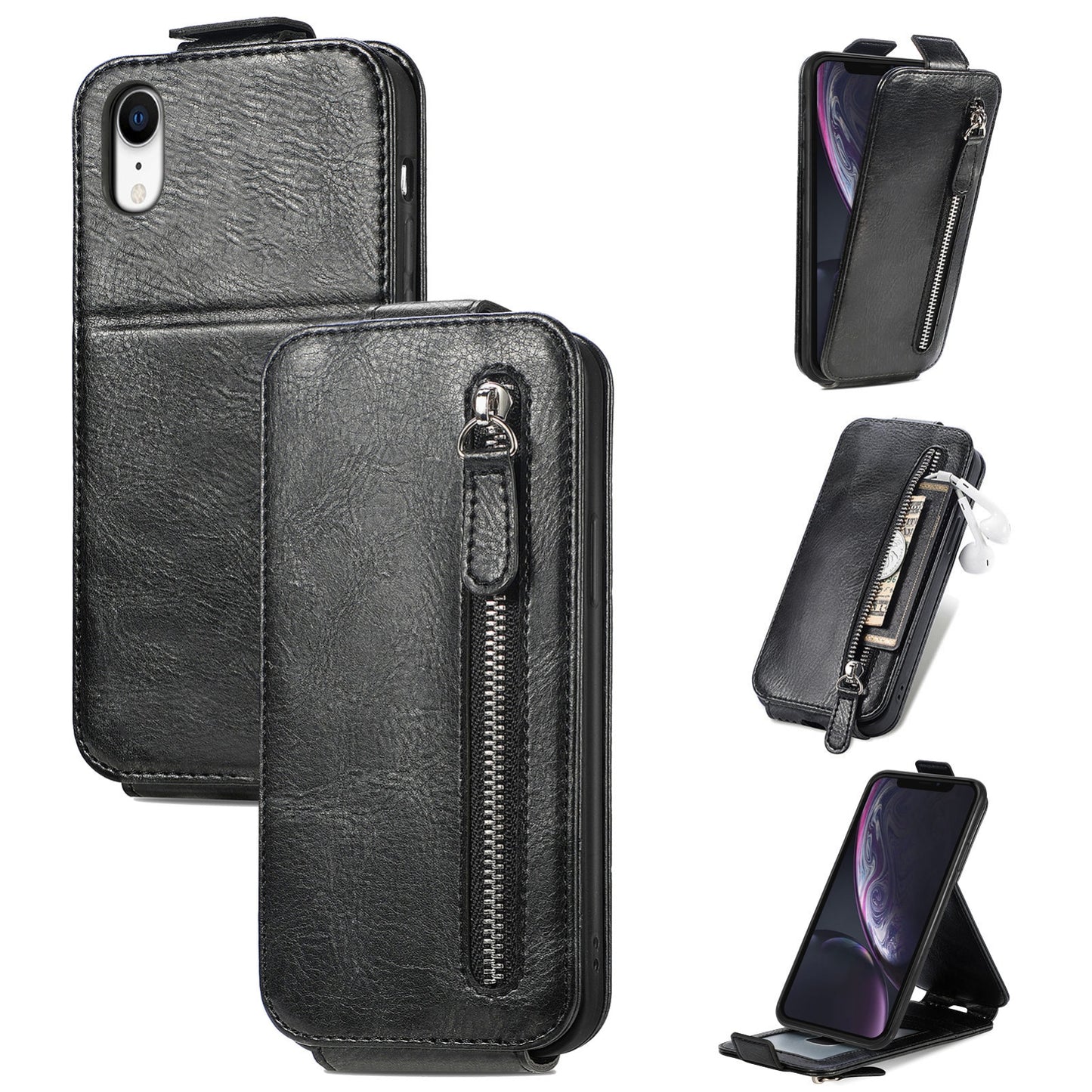 iPhone XR Zipper Wallet Case - Vertical Flip Leather Phone Cover with Multiple Card Slots and Stand