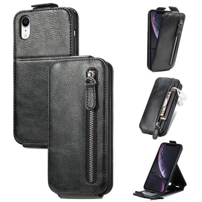 iPhone XR Zipper Wallet Case - Vertical Flip Leather Phone Cover with Multiple Card Slots and Stand