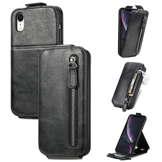 iPhone XR Zipper Wallet Case - Vertical Flip Leather Phone Cover with Multiple Card Slots and Stand