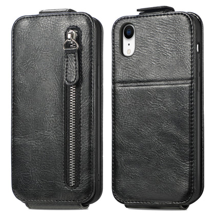 iPhone XR Zipper Wallet Case - Vertical Flip Leather Phone Cover with Multiple Card Slots and Stand