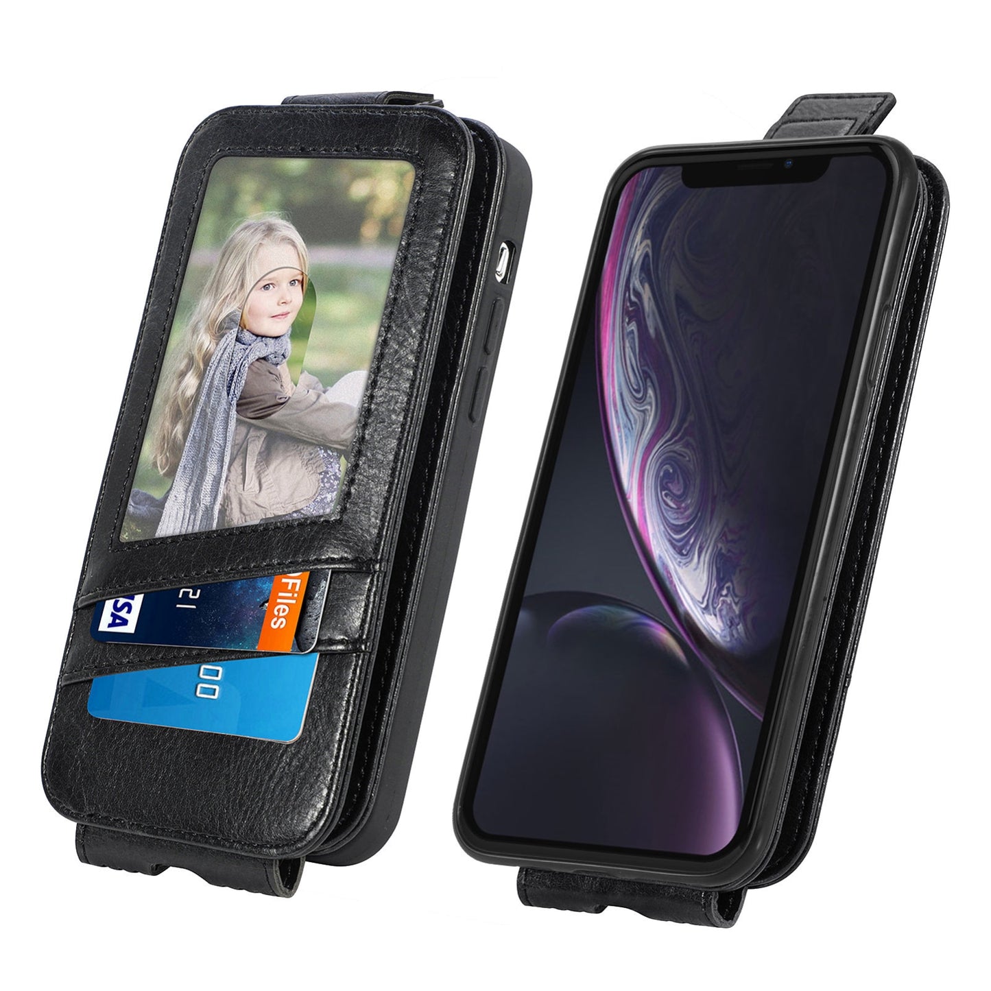 iPhone XR Zipper Wallet Case - Vertical Flip Leather Phone Cover with Multiple Card Slots and Stand