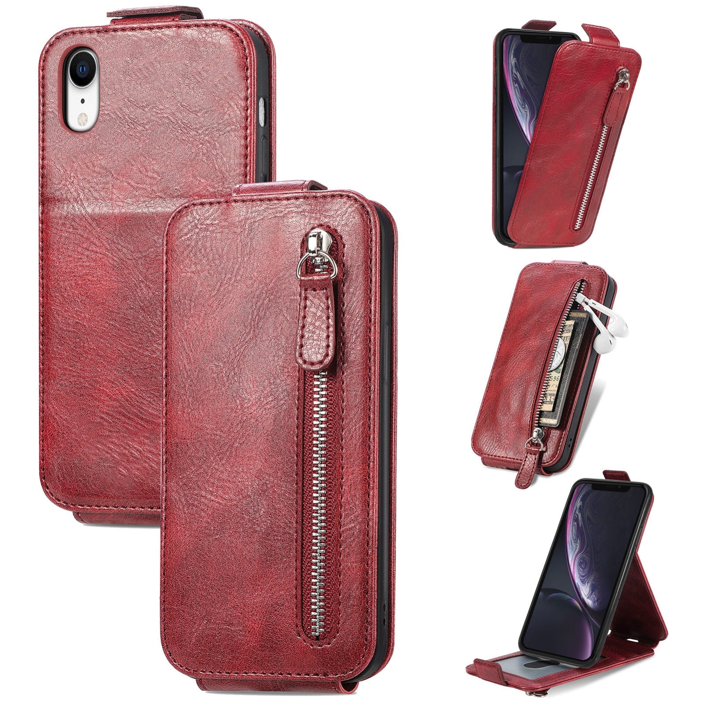 iPhone XR Zipper Wallet Case - Vertical Flip Leather Phone Cover with Multiple Card Slots and Stand