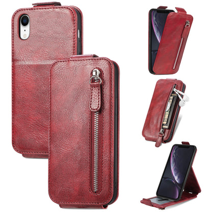 iPhone XR Zipper Wallet Case - Vertical Flip Leather Phone Cover with Multiple Card Slots and Stand