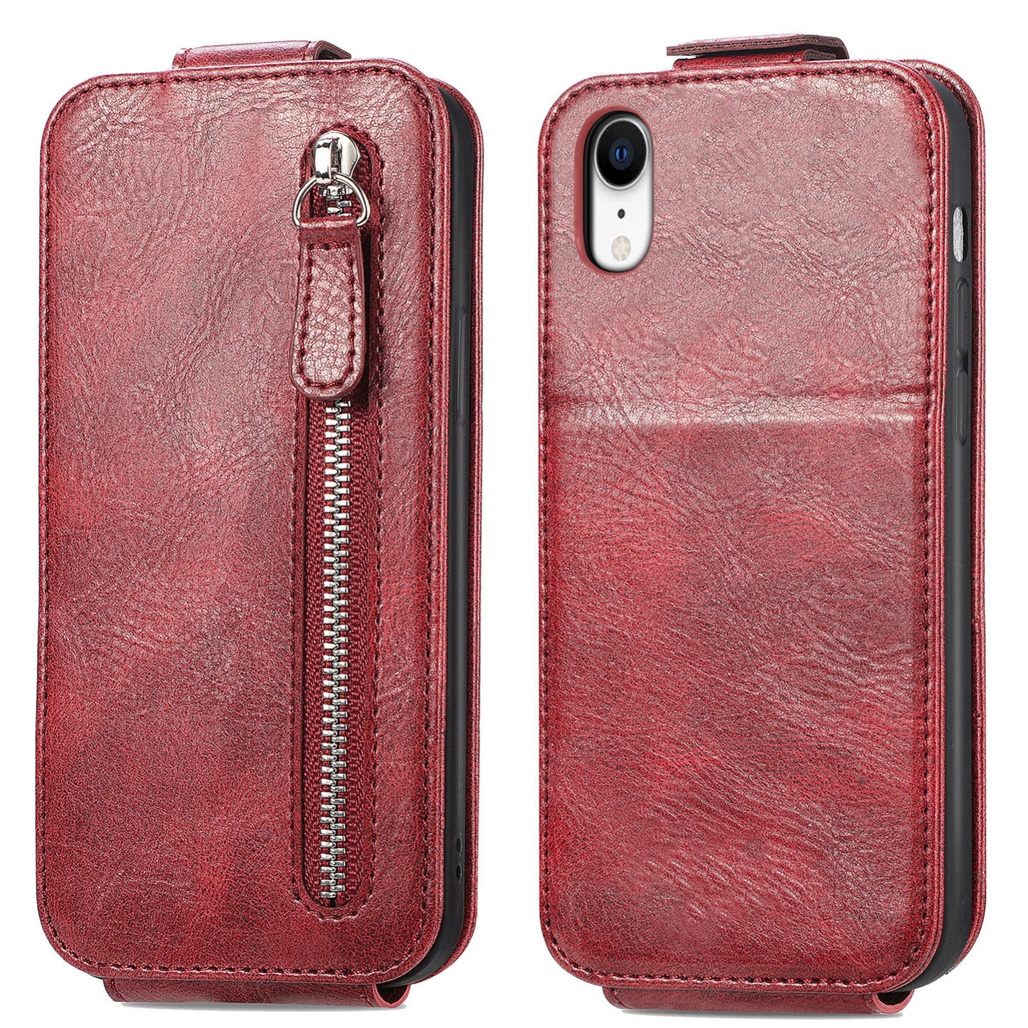 iPhone XR Zipper Wallet Case - Vertical Flip Leather Phone Cover with Multiple Card Slots and Stand