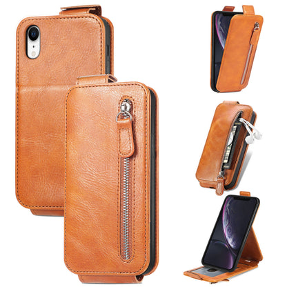 iPhone XR Zipper Wallet Case - Vertical Flip Leather Phone Cover with Multiple Card Slots and Stand