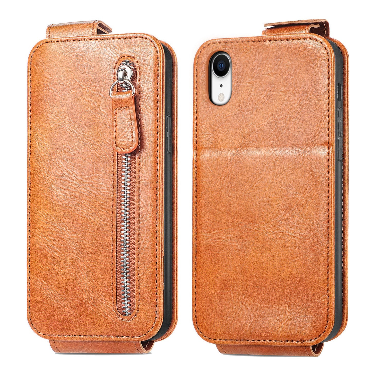 iPhone XR Zipper Wallet Case - Vertical Flip Leather Phone Cover with Multiple Card Slots and Stand