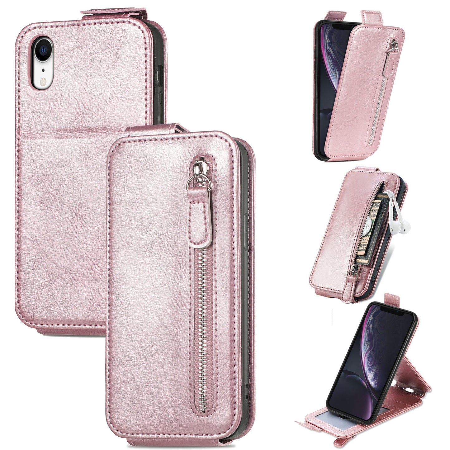 iPhone XR Zipper Wallet Case - Vertical Flip Leather Phone Cover with Multiple Card Slots and Stand
