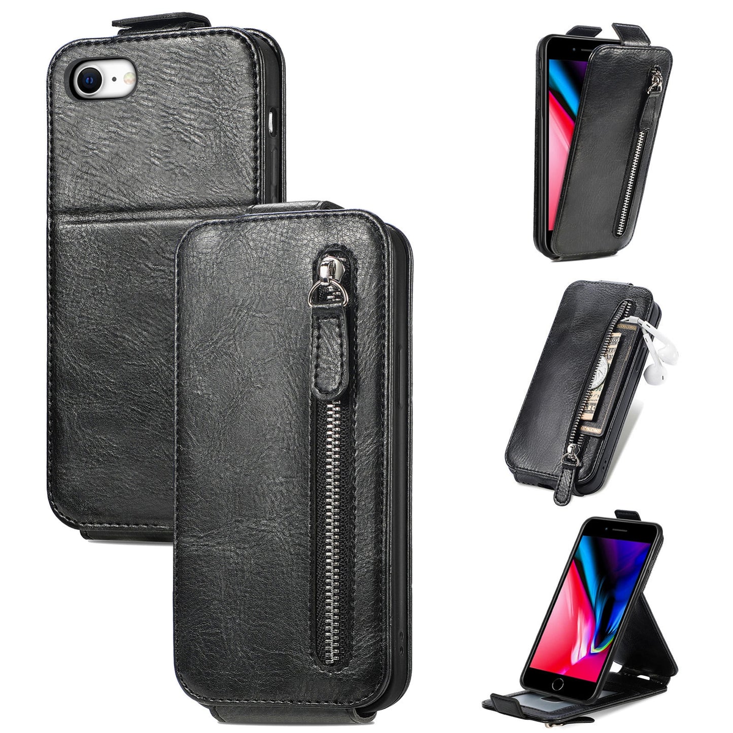 iPhone SE 2022 Zipper Wallet Case - Vertical Flip Leather Phone Cover with Multiple Card Slots and Stand
