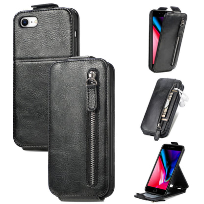 iPhone SE 2020 Zipper Wallet Case - Vertical Flip Leather Phone Cover with Multiple Card Slots and Stand