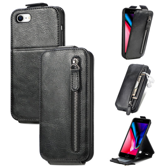 iPhone 8 Zipper Wallet Case - Vertical Flip Leather Phone Cover with Multiple Card Slots and Stand