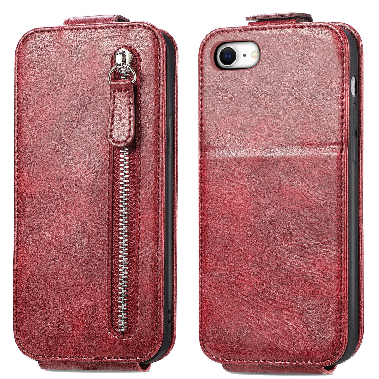 iPhone SE 2020 Zipper Wallet Case - Vertical Flip Leather Phone Cover with Multiple Card Slots and Stand