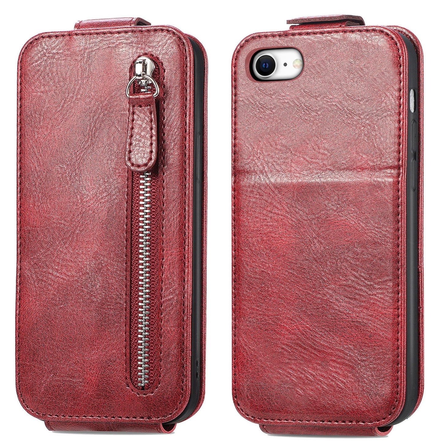 iPhone 7 Zipper Wallet Case - Vertical Flip Leather Phone Cover with Multiple Card Slots and Stand