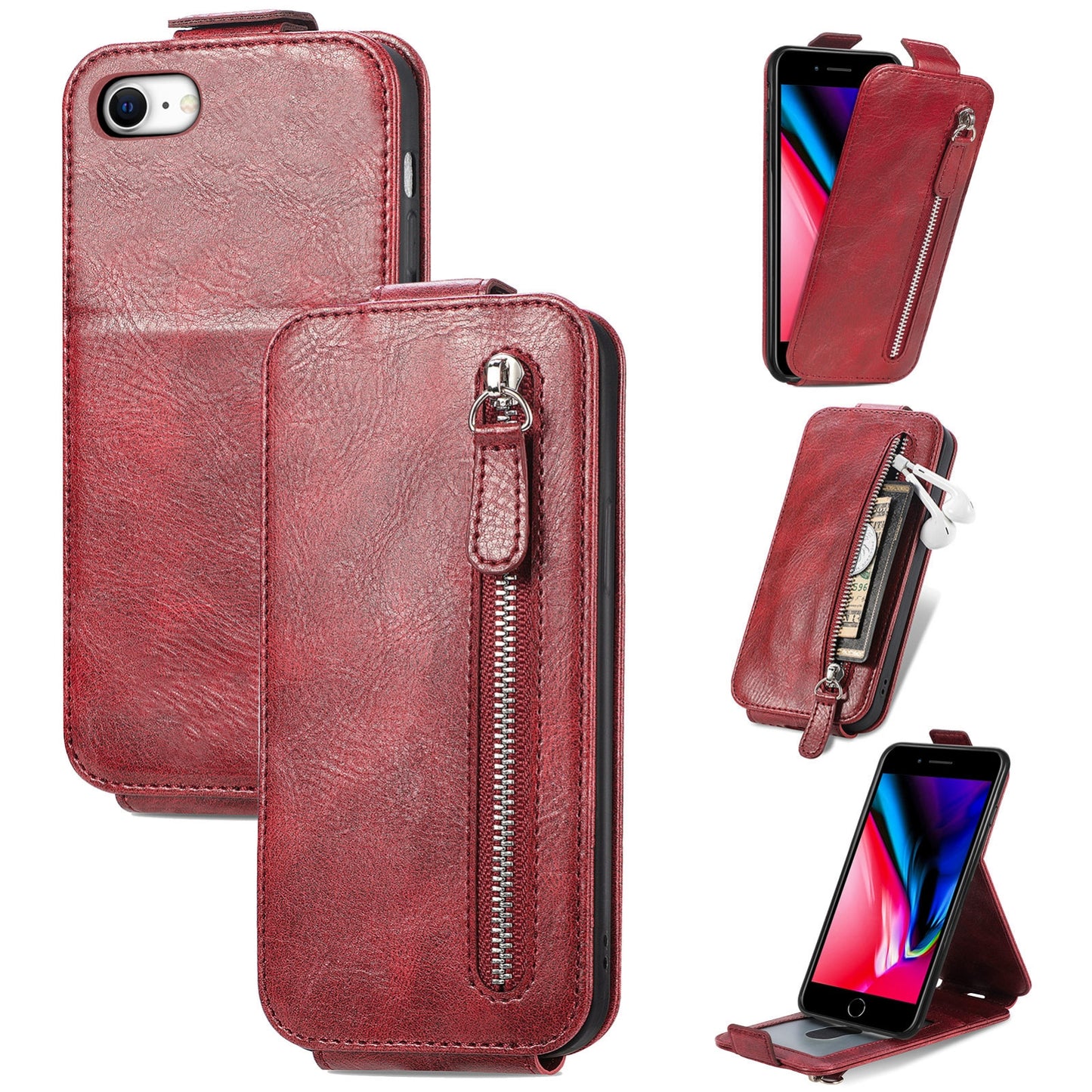 iPhone SE 2020 Zipper Wallet Case - Vertical Flip Leather Phone Cover with Multiple Card Slots and Stand