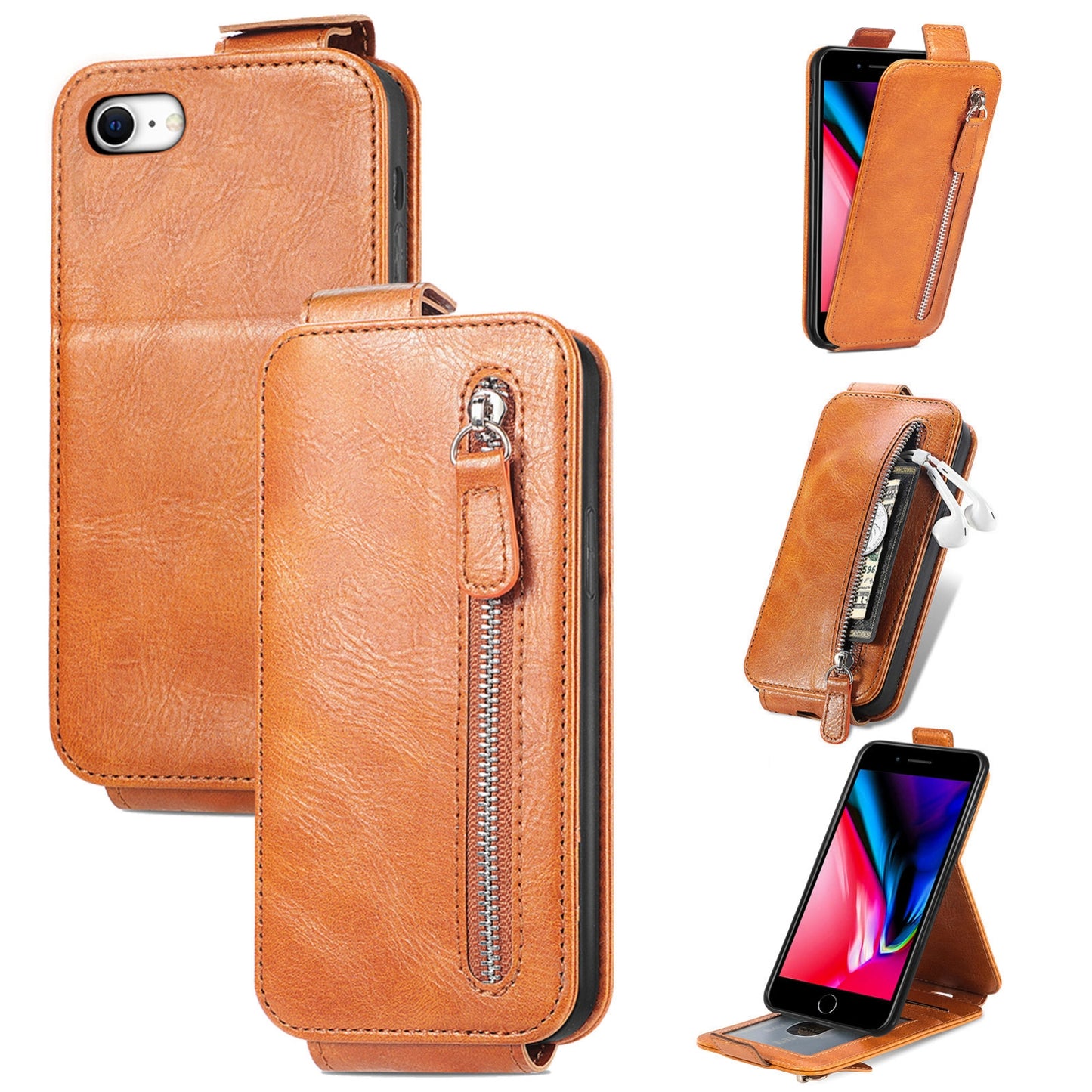 iPhone SE 2020 Zipper Wallet Case - Vertical Flip Leather Phone Cover with Multiple Card Slots and Stand