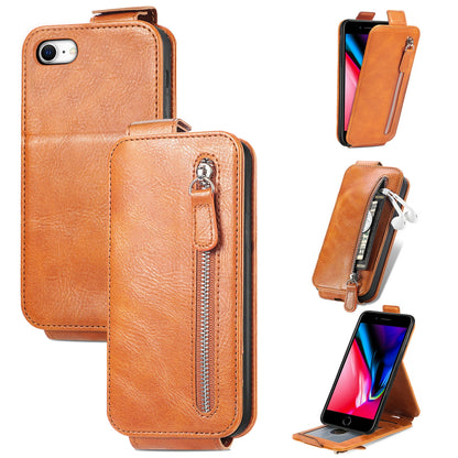 iPhone 7 Zipper Wallet Case - Vertical Flip Leather Phone Cover with Multiple Card Slots and Stand