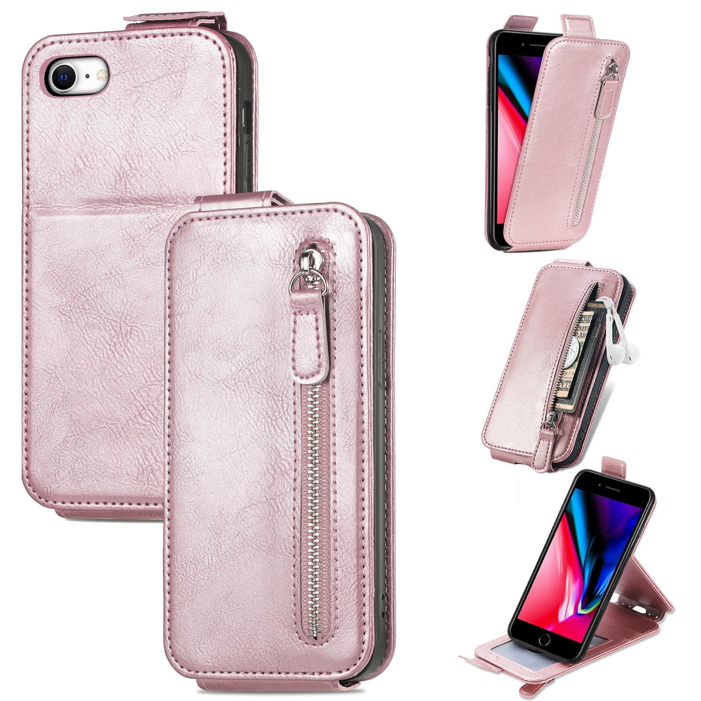 iPhone 7 Zipper Wallet Case - Vertical Flip Leather Phone Cover with Multiple Card Slots and Stand