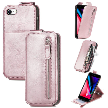iPhone SE 2020 Zipper Wallet Case - Vertical Flip Leather Phone Cover with Multiple Card Slots and Stand
