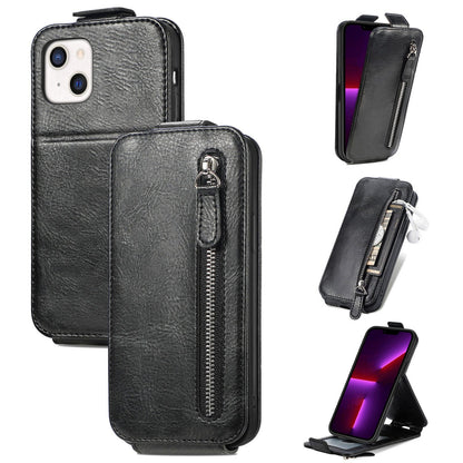 iPhone 14 Zipper Wallet Case - Vertical Flip Leather Phone Cover with Multiple Card Slots and Stand