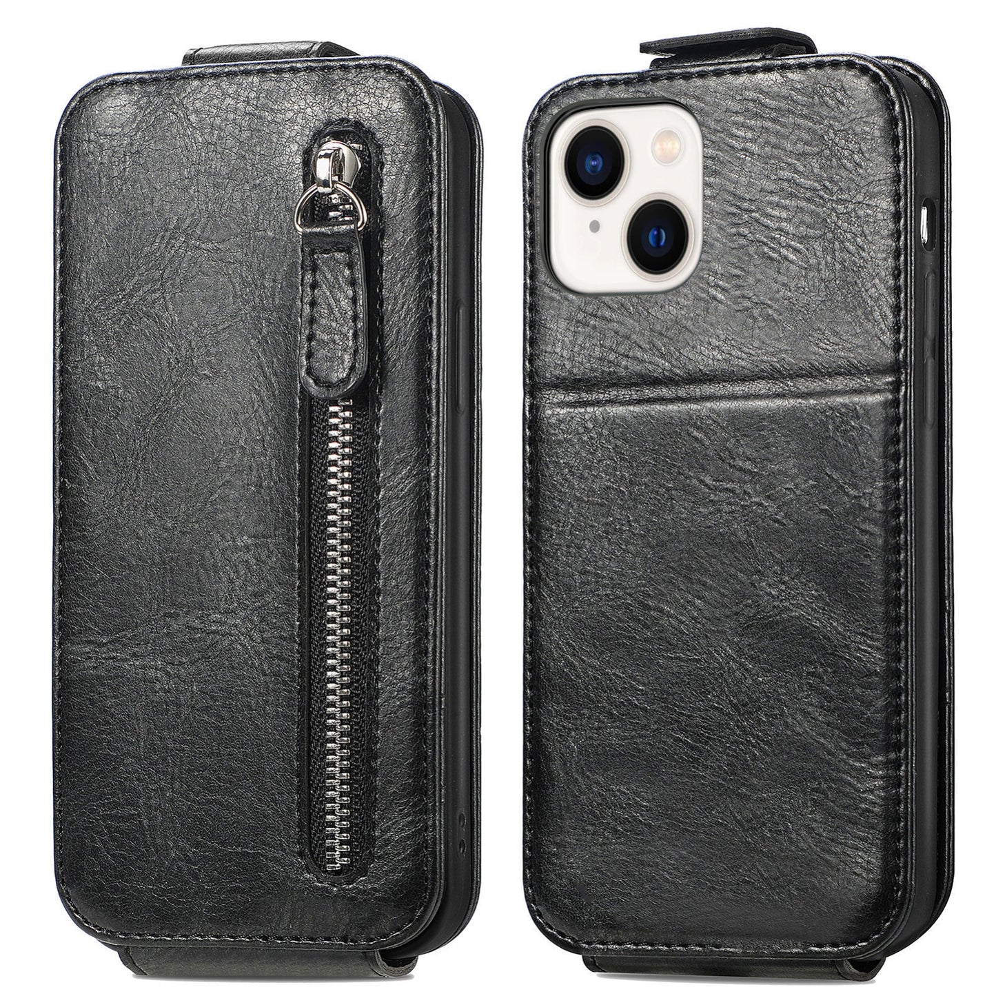 iPhone 14 Zipper Wallet Case - Vertical Flip Leather Phone Cover with Multiple Card Slots and Stand