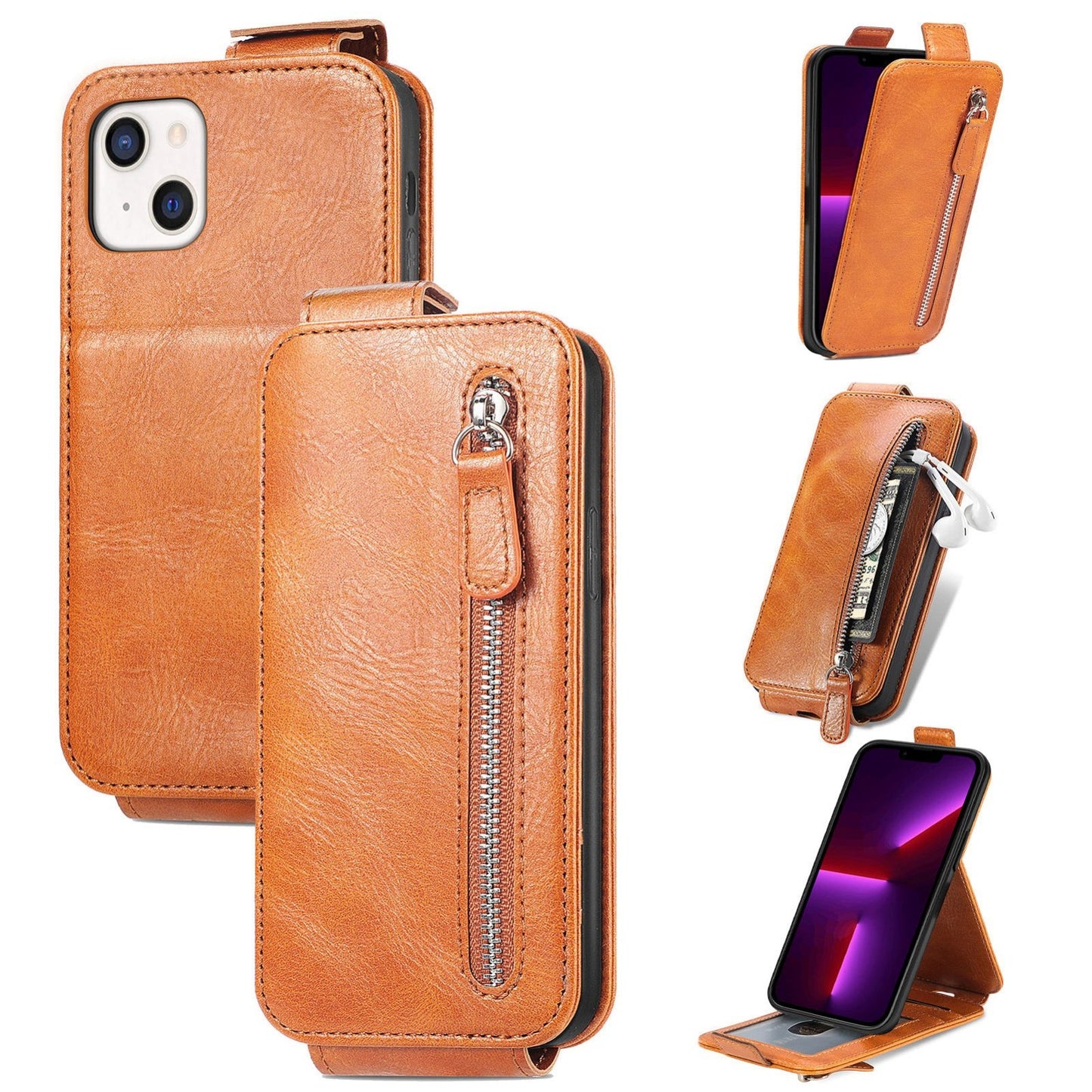 iPhone 14 Zipper Wallet Case - Vertical Flip Leather Phone Cover with Multiple Card Slots and Stand