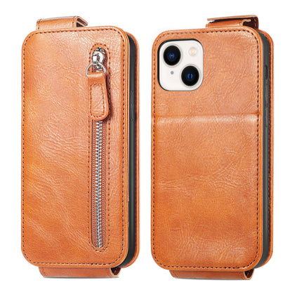 iPhone 14 Zipper Wallet Case - Vertical Flip Leather Phone Cover with Multiple Card Slots and Stand