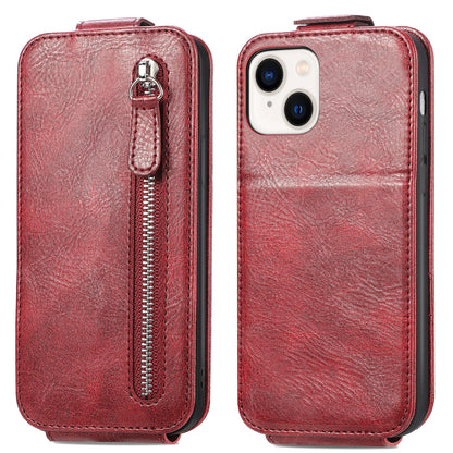 iPhone 14 Zipper Wallet Case - Vertical Flip Leather Phone Cover with Multiple Card Slots and Stand