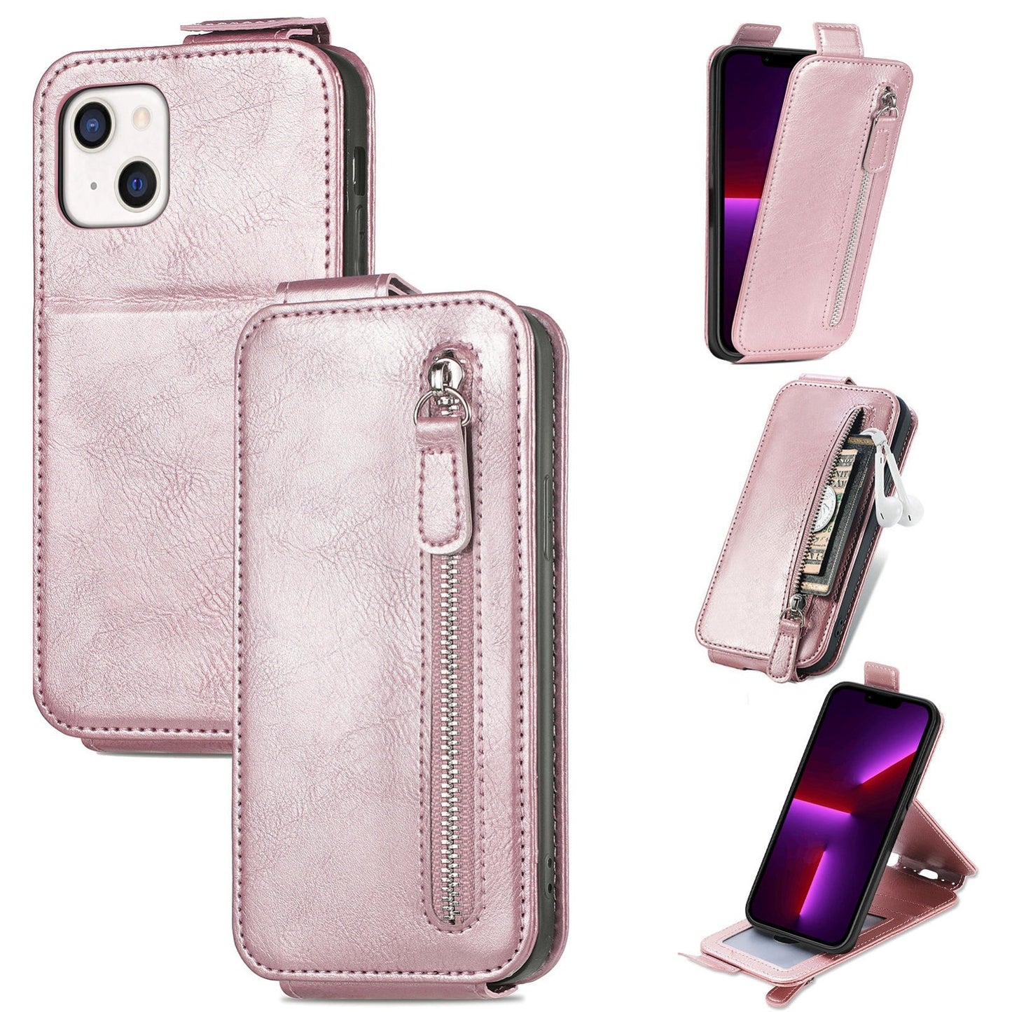 iPhone 14 Zipper Wallet Case - Vertical Flip Leather Phone Cover with Multiple Card Slots and Stand