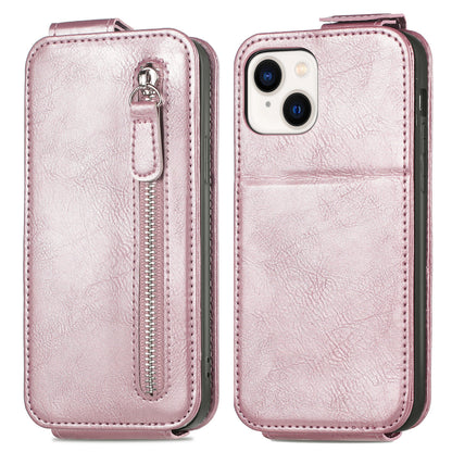 iPhone 14 Zipper Wallet Case - Vertical Flip Leather Phone Cover with Multiple Card Slots and Stand