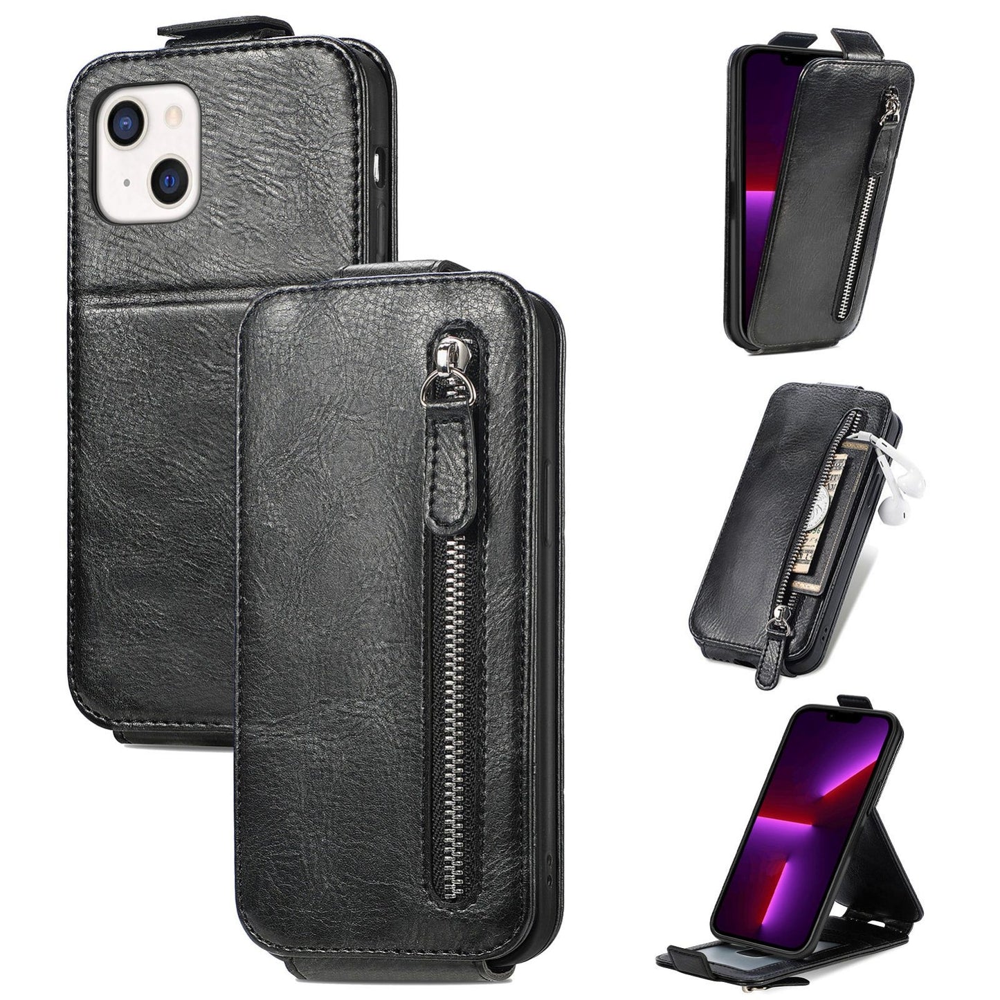 iPhone 14 Plus Zipper Wallet Case - Vertical Flip Leather Phone Cover with Multiple Card Slots and Stand