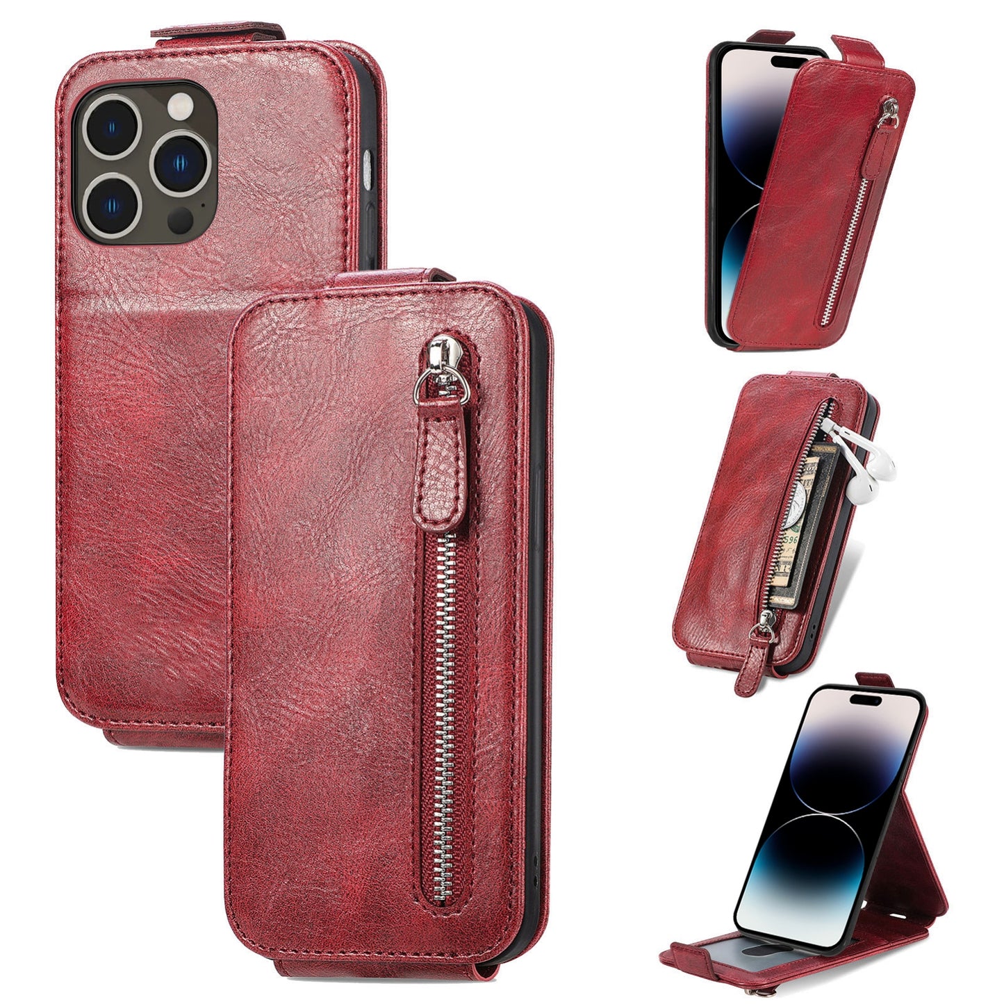 iPhone 14 Pro Max Zipper Wallet Case - Vertical Flip Leather Phone Cover with Multiple Card Slots and Stand