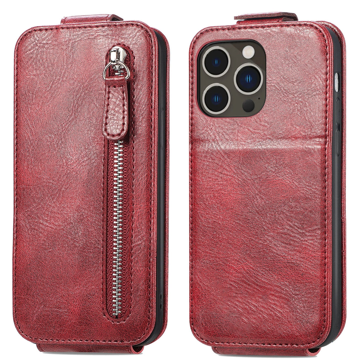 iPhone 14 Pro Max Zipper Wallet Case - Vertical Flip Leather Phone Cover with Multiple Card Slots and Stand