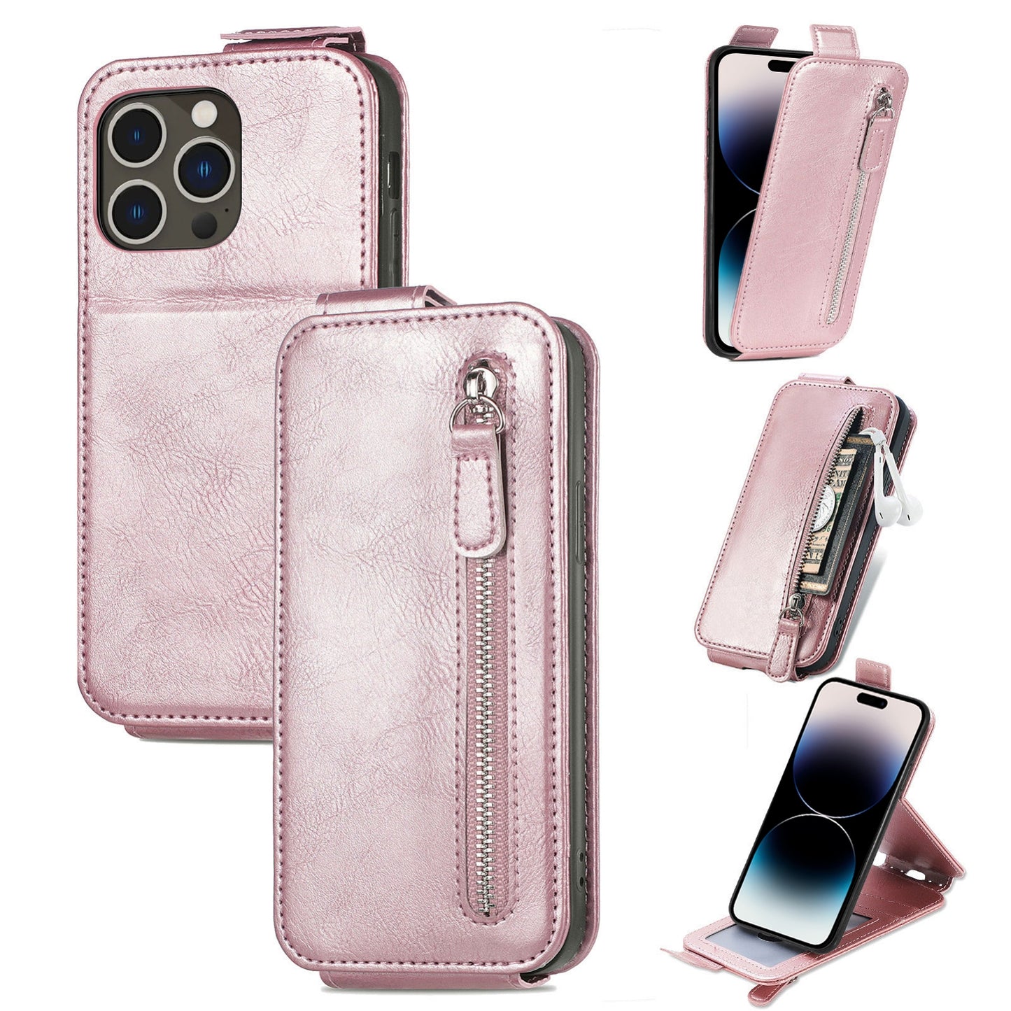 iPhone 14 Pro Max Zipper Wallet Case - Vertical Flip Leather Phone Cover with Multiple Card Slots and Stand