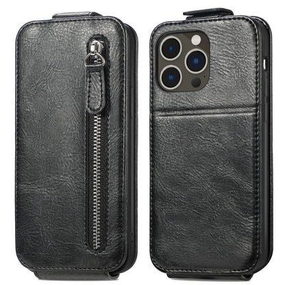 iPhone 14 Pro Zipper Wallet Case - Vertical Flip Leather Phone Cover with Multiple Card Slots and Stand