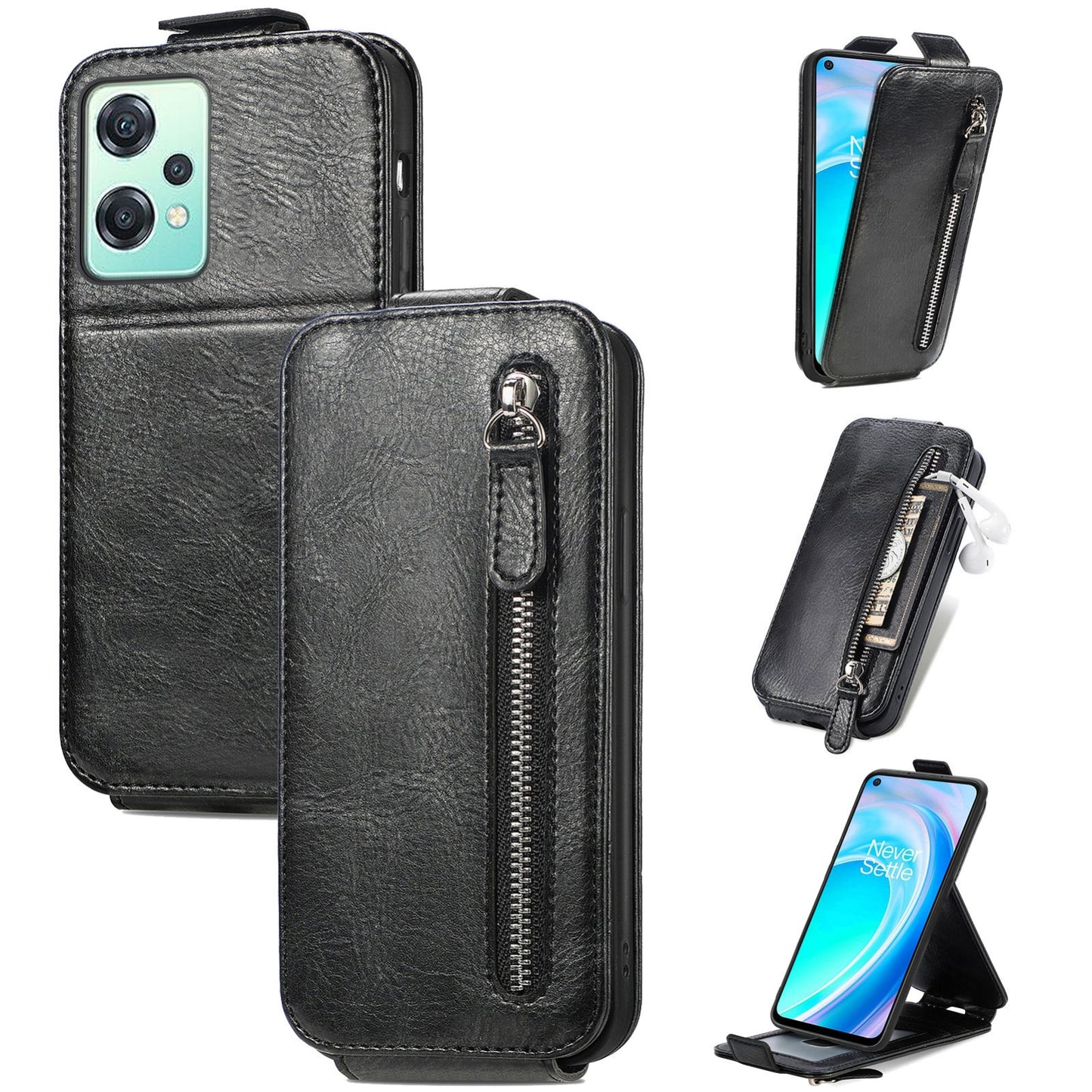 OnePlus Nord CE 2 Lite 5G Zipper Wallet Case - Vertical Flip Leather Phone Cover with Multiple Card Slots and Stand