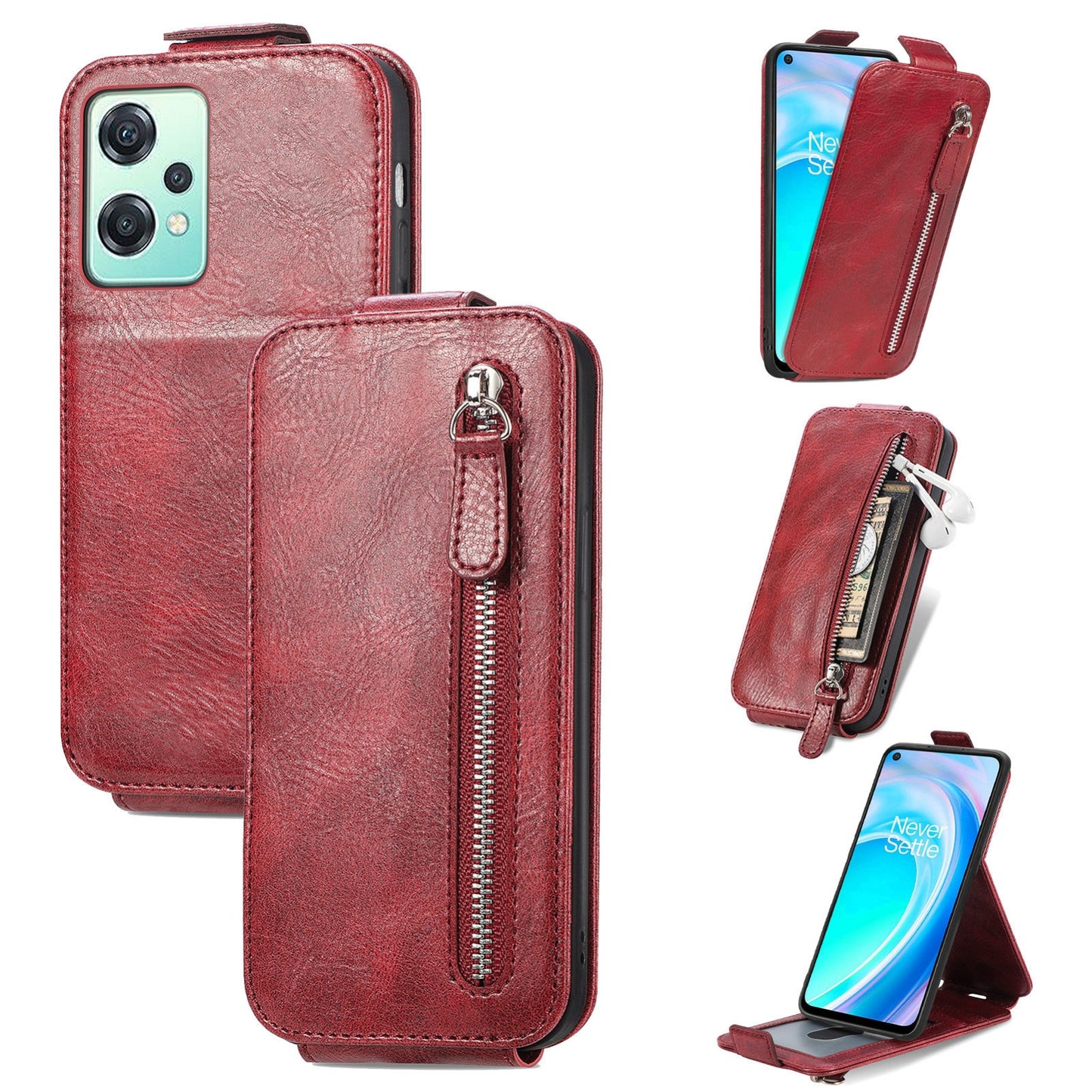 OnePlus Nord CE 2 Lite 5G Zipper Wallet Case - Vertical Flip Leather Phone Cover with Multiple Card Slots and Stand