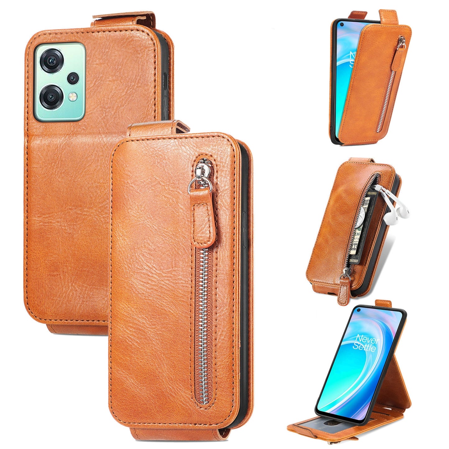 OnePlus Nord CE 2 Lite 5G Zipper Wallet Case - Vertical Flip Leather Phone Cover with Multiple Card Slots and Stand