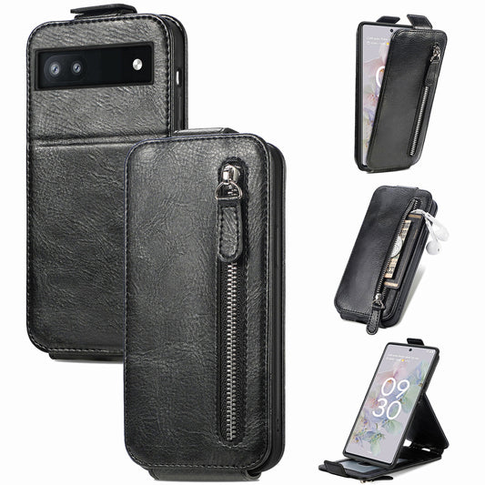 Google Pixel 6a Zipper Wallet Case - Vertical Flip Leather Phone Cover with Multiple Card Slots and Stand